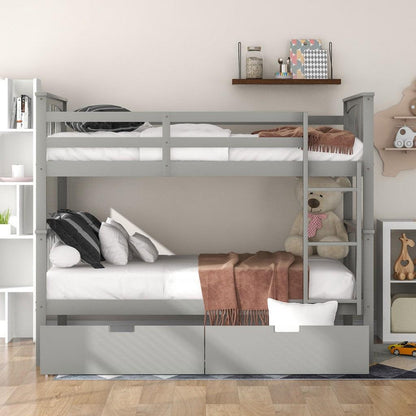 Modern Gray Full Over Full Bunk Bed with Two Drawers - FurniFindUSA