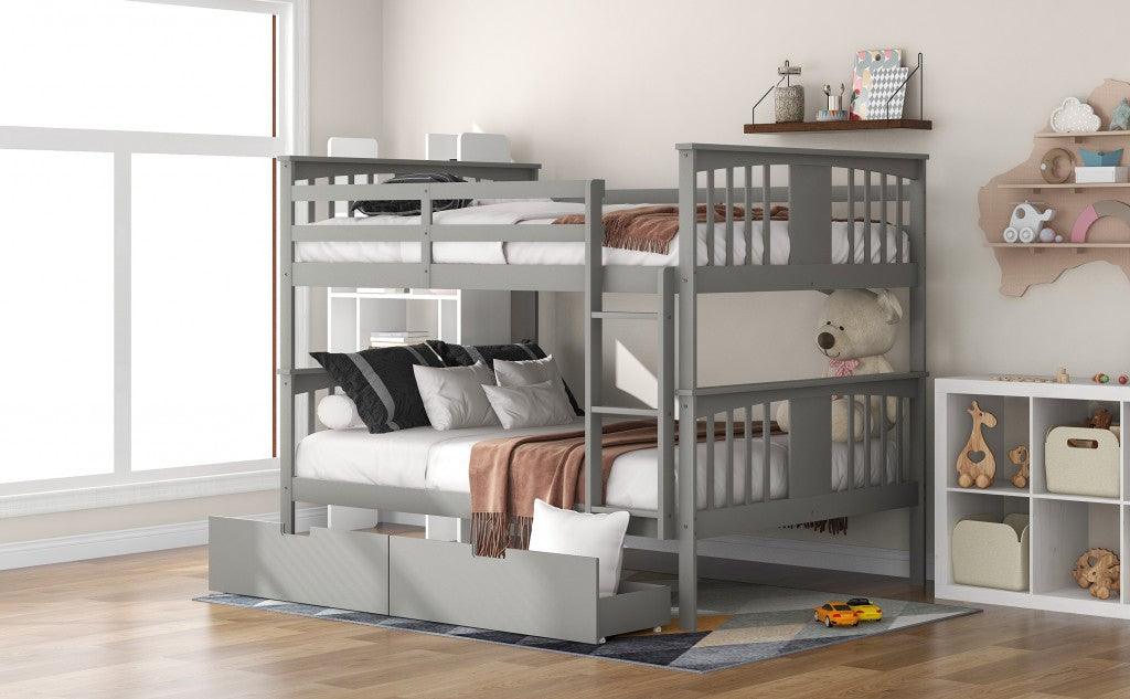 Modern Gray Full Over Full Bunk Bed with Two Drawers - FurniFindUSA