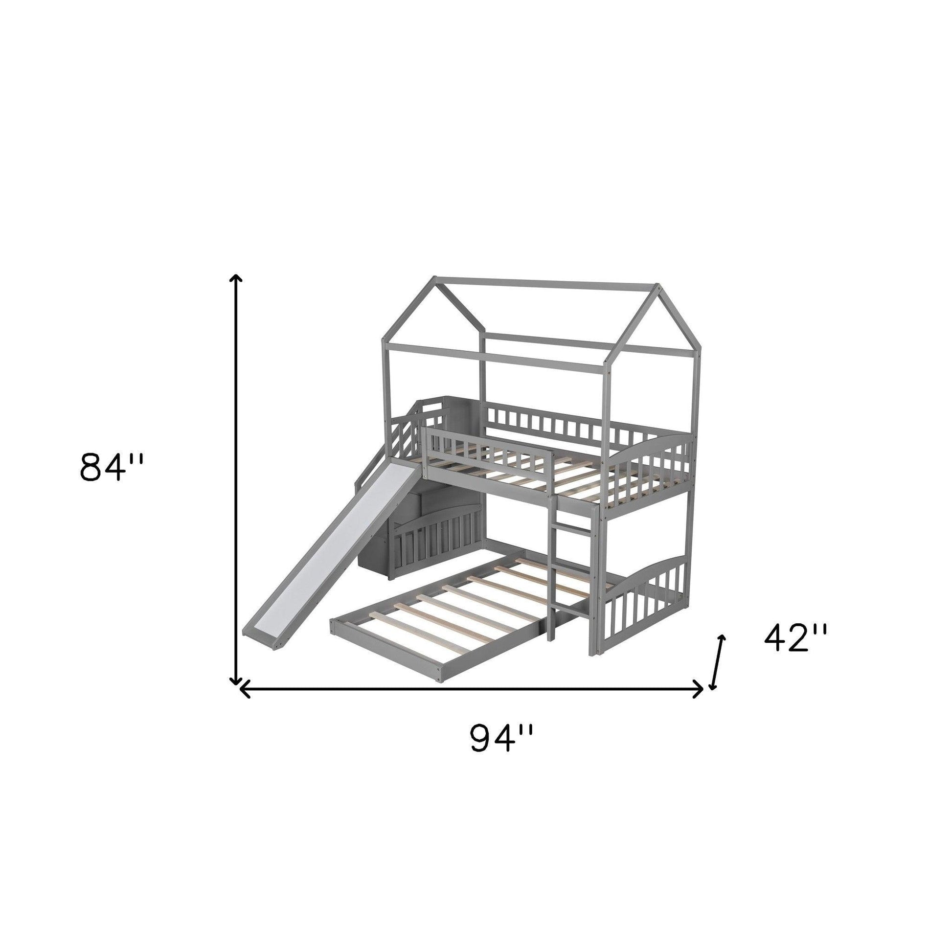 Gray Twin Over Twin PlayHouse Perpendicular Bunk Bed with Slide - FurniFindUSA