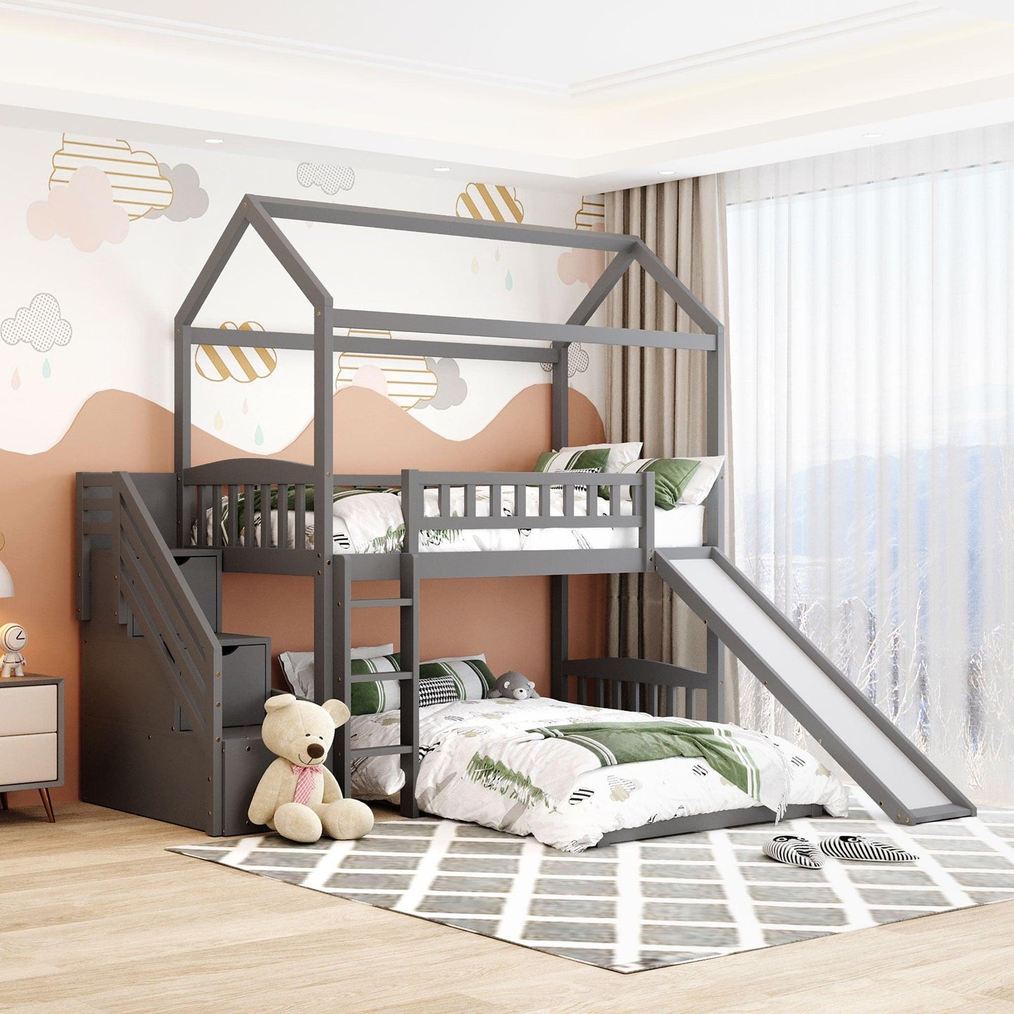 Gray Twin Over Twin PlayHouse Perpendicular Bunk Bed with Slide - FurniFindUSA