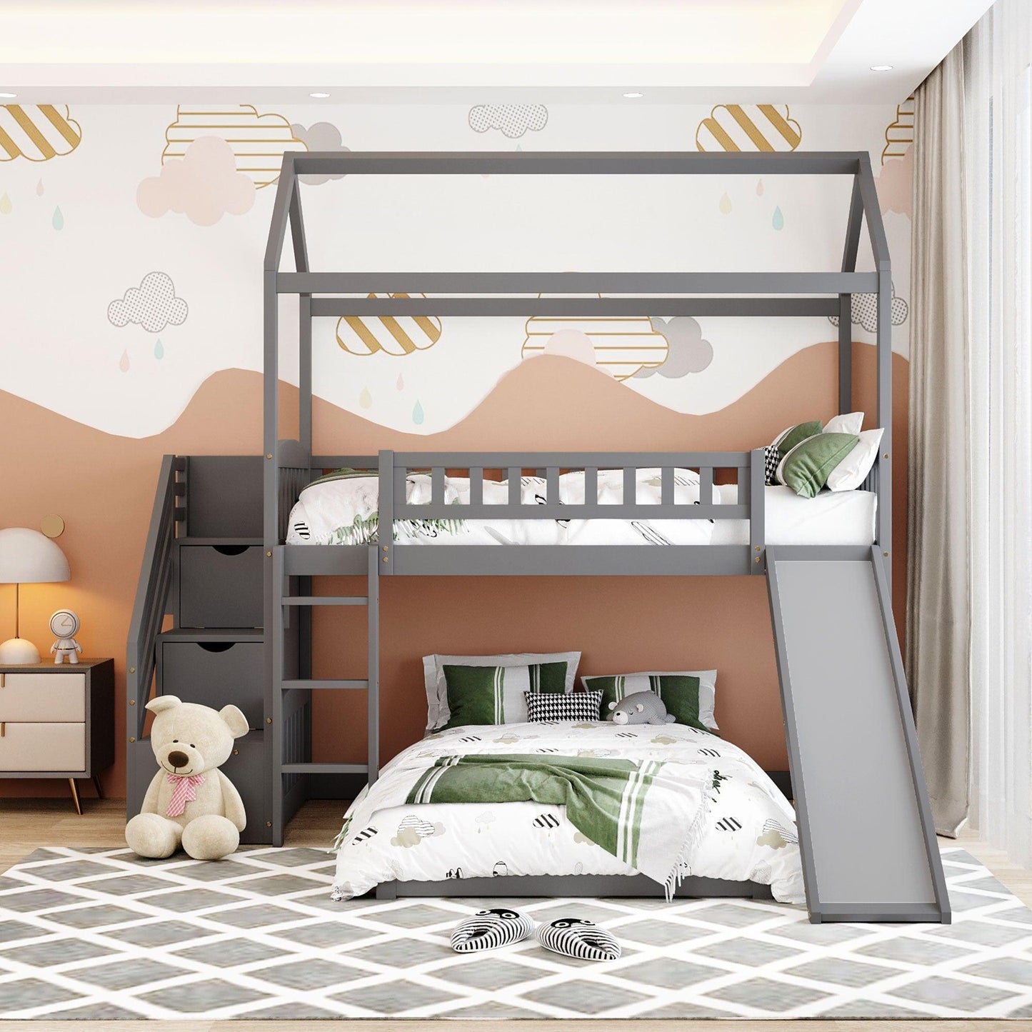 Gray Twin Over Twin PlayHouse Perpendicular Bunk Bed with Slide - FurniFindUSA