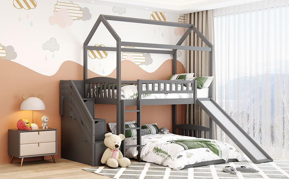 Gray Twin Over Twin PlayHouse Perpendicular Bunk Bed with Slide - FurniFindUSA