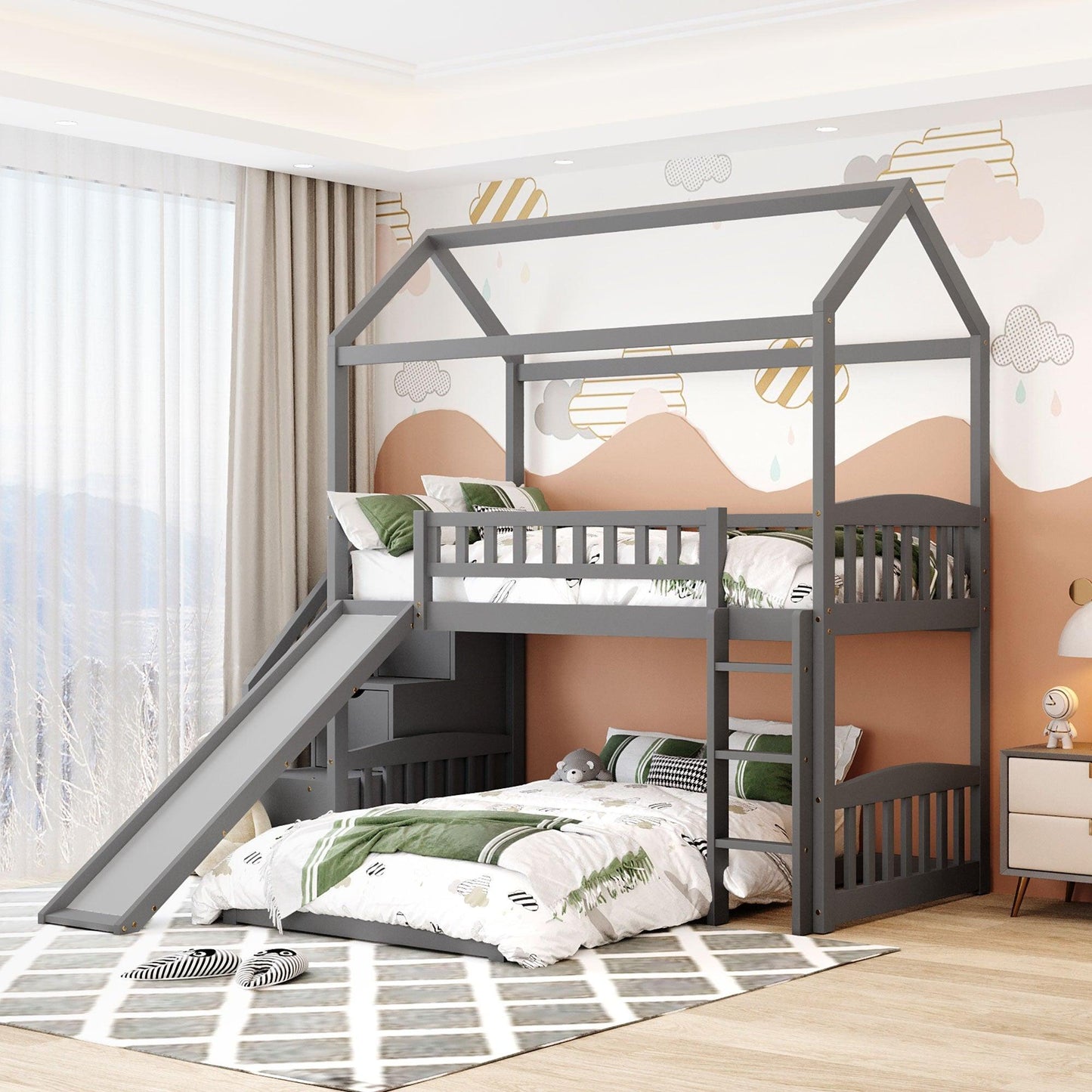 Gray Twin Over Twin PlayHouse Perpendicular Bunk Bed with Slide - FurniFindUSA