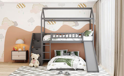 Gray Twin Over Twin PlayHouse Perpendicular Bunk Bed with Slide - FurniFindUSA