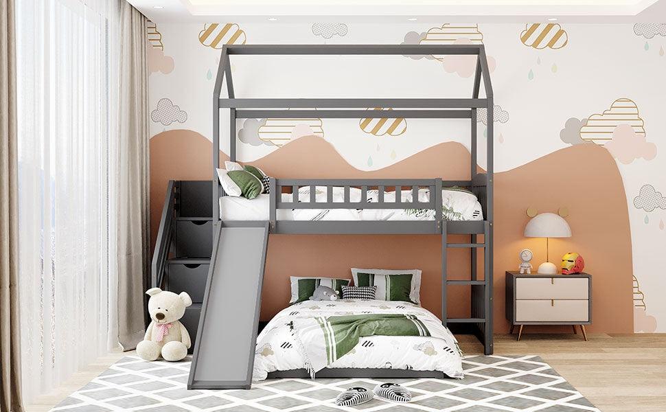 Gray Twin Over Twin PlayHouse Perpendicular Bunk Bed with Slide - FurniFindUSA