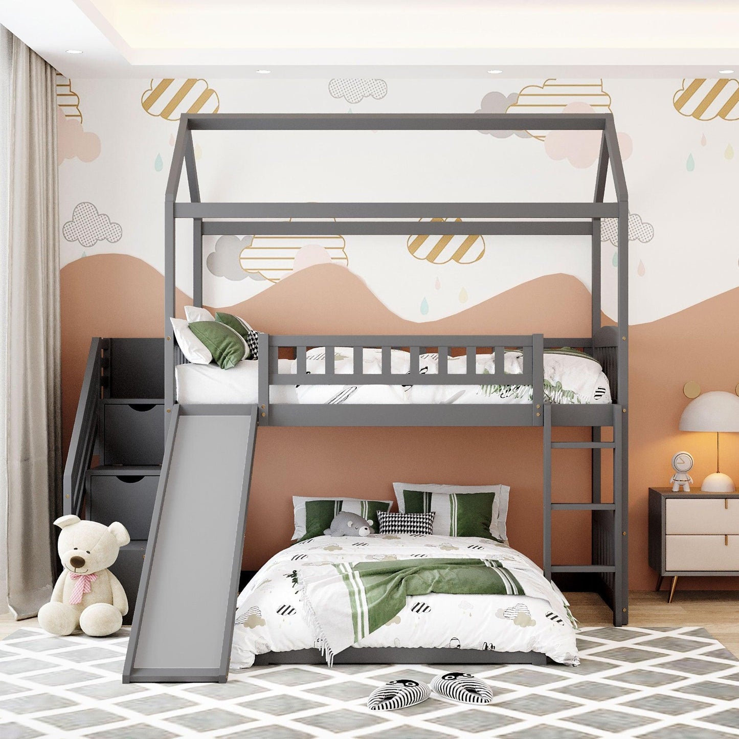 Gray Twin Over Twin PlayHouse Perpendicular Bunk Bed with Slide - FurniFindUSA