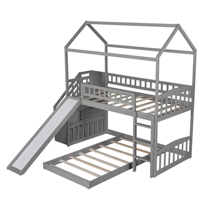 Gray Twin Over Twin PlayHouse Perpendicular Bunk Bed with Slide - FurniFindUSA