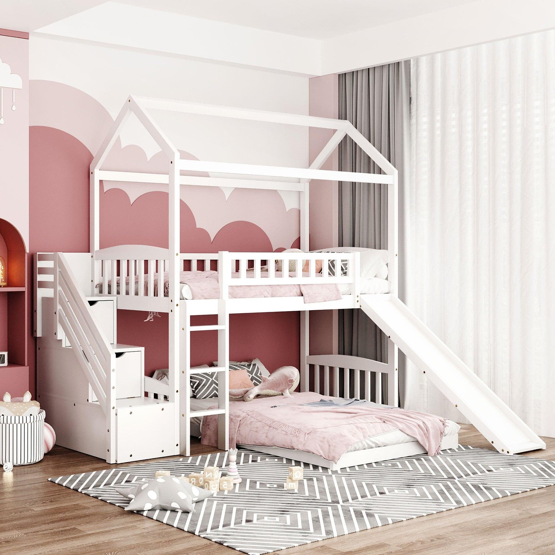 White Twin Over Twin PlayHouse Perpendicular Bunk Bed with Slide - FurniFindUSA