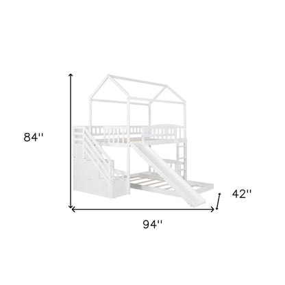 White Twin Over Twin PlayHouse Perpendicular Bunk Bed with Slide - FurniFindUSA