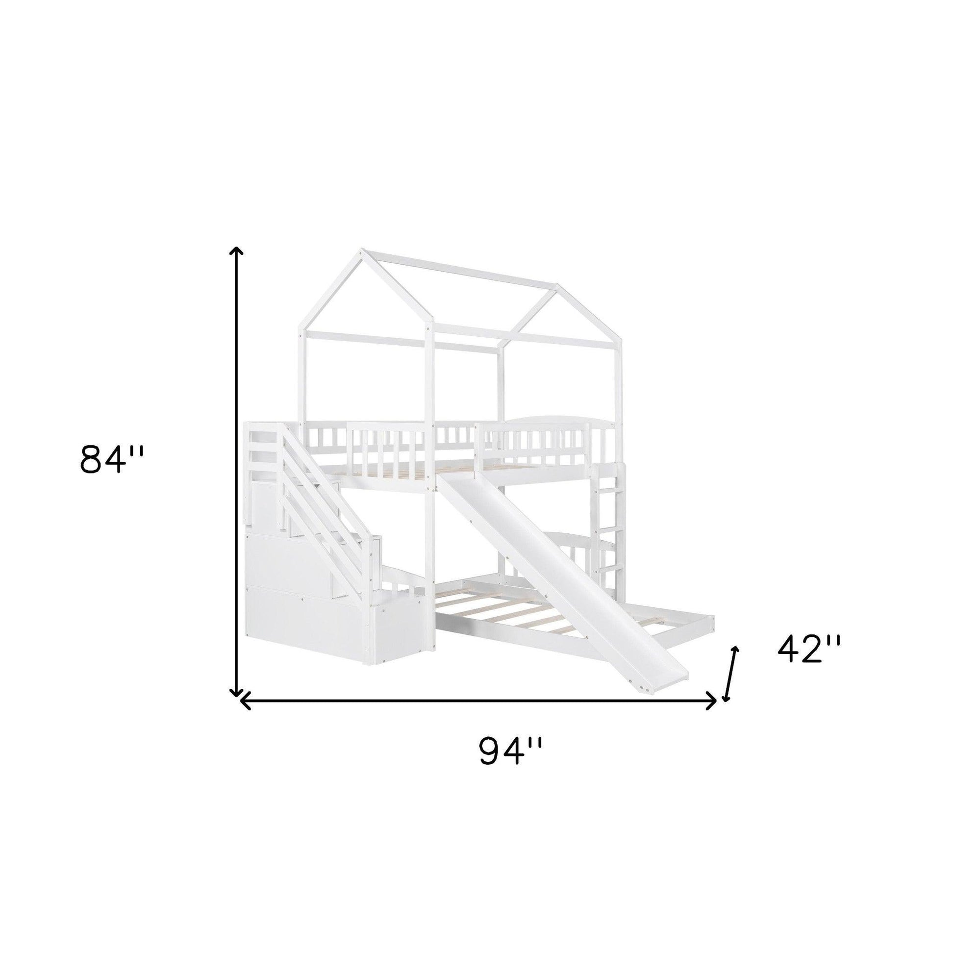 White Twin Over Twin PlayHouse Perpendicular Bunk Bed with Slide - FurniFindUSA