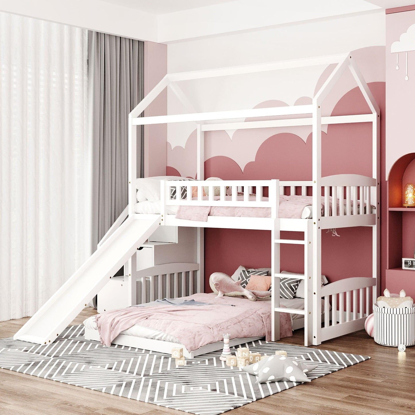 White Twin Over Twin PlayHouse Perpendicular Bunk Bed with Slide - FurniFindUSA