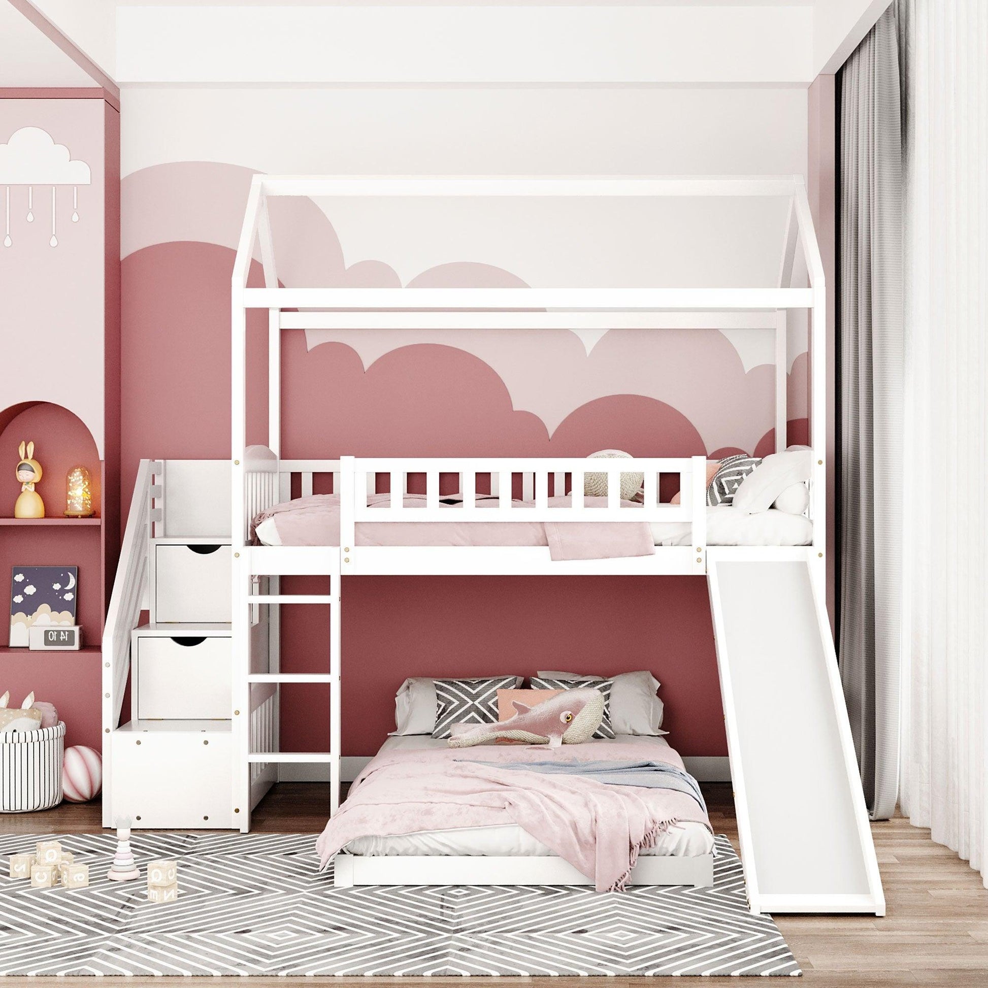 White Twin Over Twin PlayHouse Perpendicular Bunk Bed with Slide - FurniFindUSA