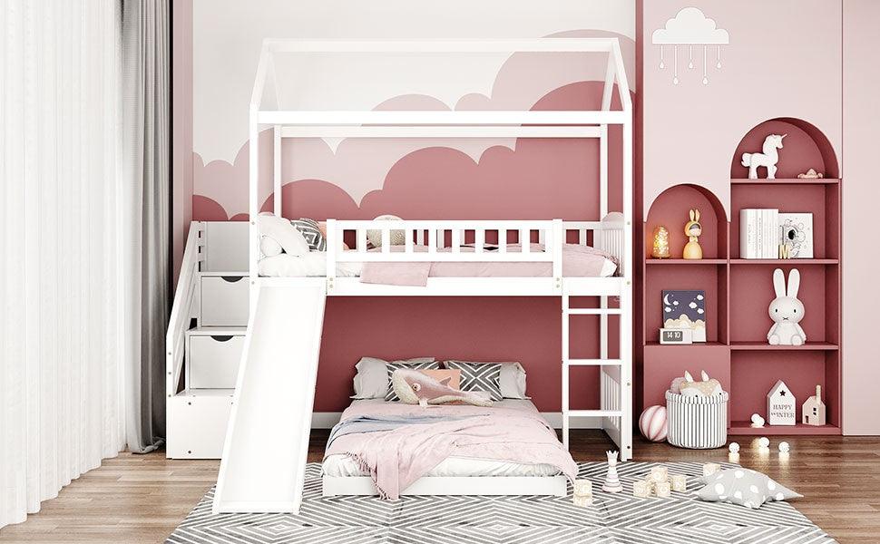 White Twin Over Twin PlayHouse Perpendicular Bunk Bed with Slide - FurniFindUSA