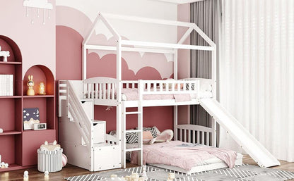 White Twin Over Twin PlayHouse Perpendicular Bunk Bed with Slide - FurniFindUSA