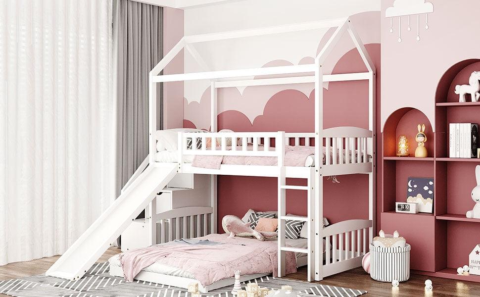 White Twin Over Twin PlayHouse Perpendicular Bunk Bed with Slide - FurniFindUSA