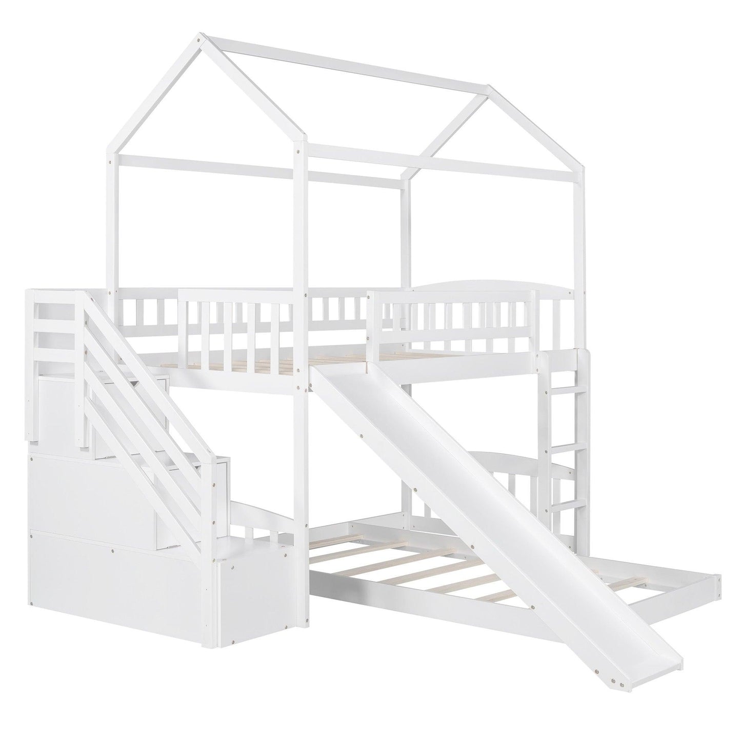 White Twin Over Twin PlayHouse Perpendicular Bunk Bed with Slide - FurniFindUSA