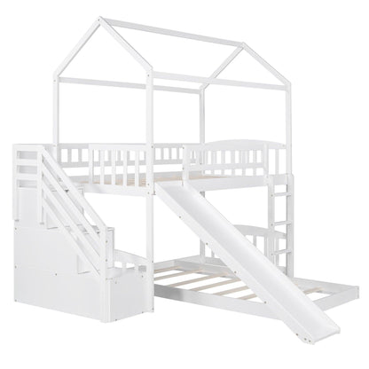 White Twin Over Twin PlayHouse Perpendicular Bunk Bed with Slide - FurniFindUSA