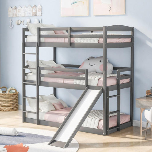 Gray Triple Bunk Twin Sized Bed with Slide - FurniFindUSA