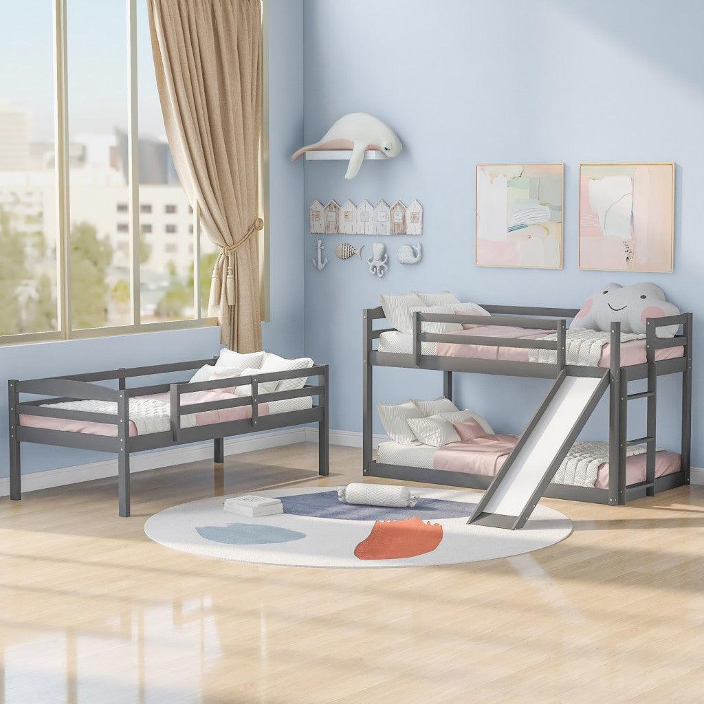 Gray Triple Bunk Twin Sized Bed with Slide - FurniFindUSA