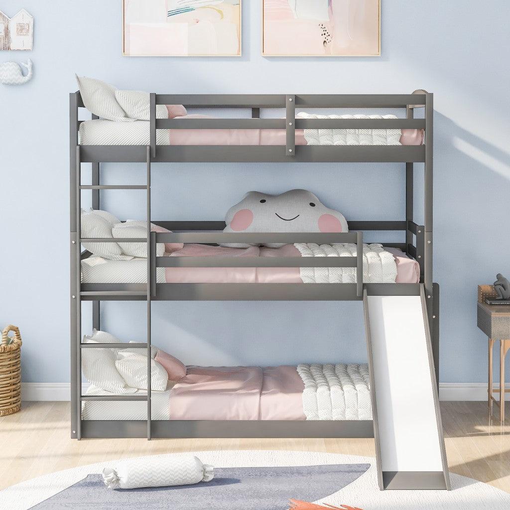 Gray Triple Bunk Twin Sized Bed with Slide - FurniFindUSA