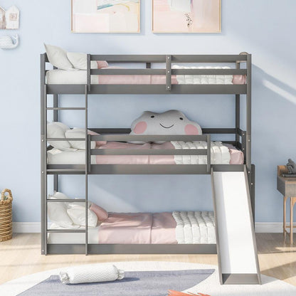 Gray Triple Bunk Twin Sized Bed with Slide - FurniFindUSA