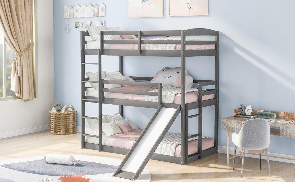 Gray Triple Bunk Twin Sized Bed with Slide - FurniFindUSA
