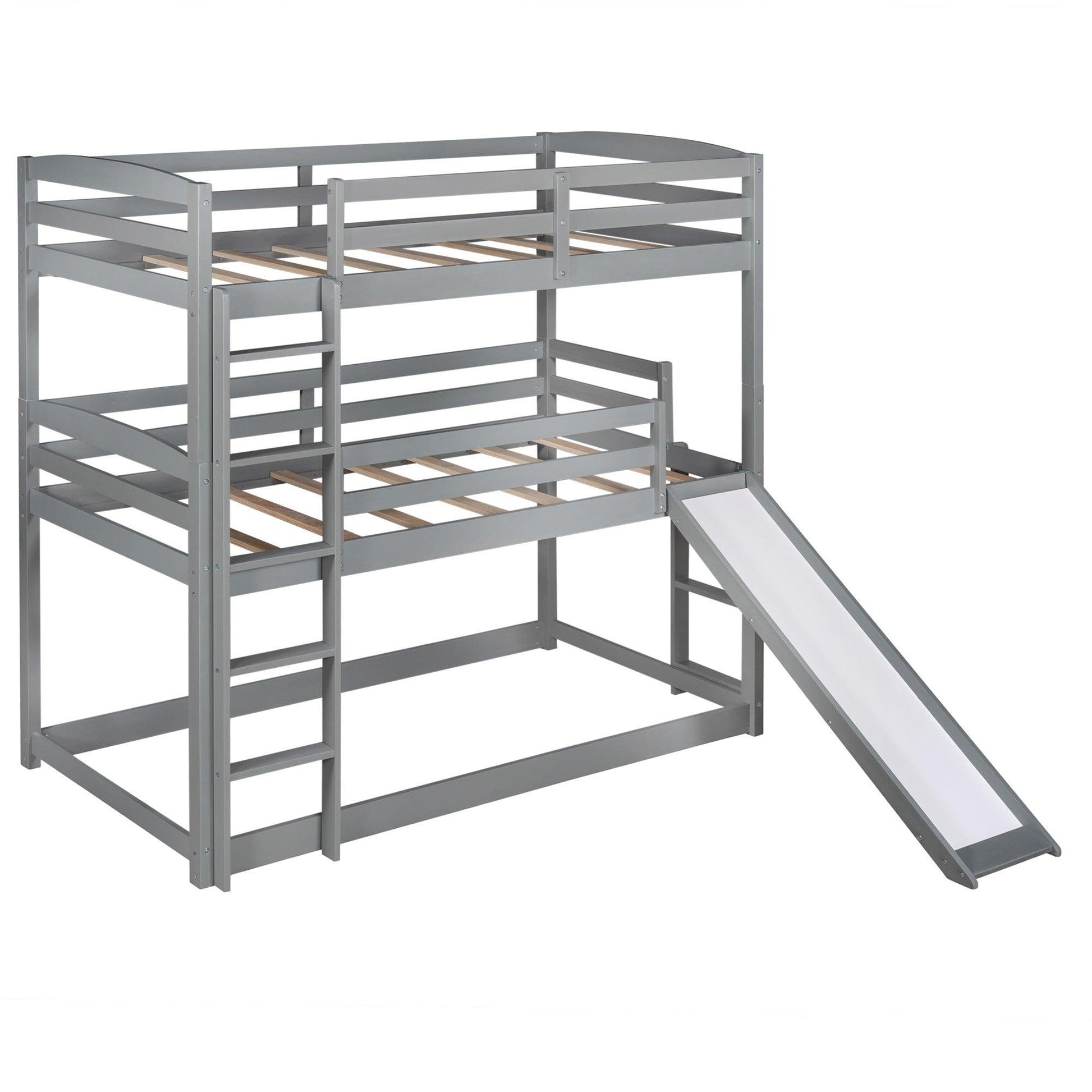 Gray Triple Bunk Twin Sized Bed with Slide - FurniFindUSA