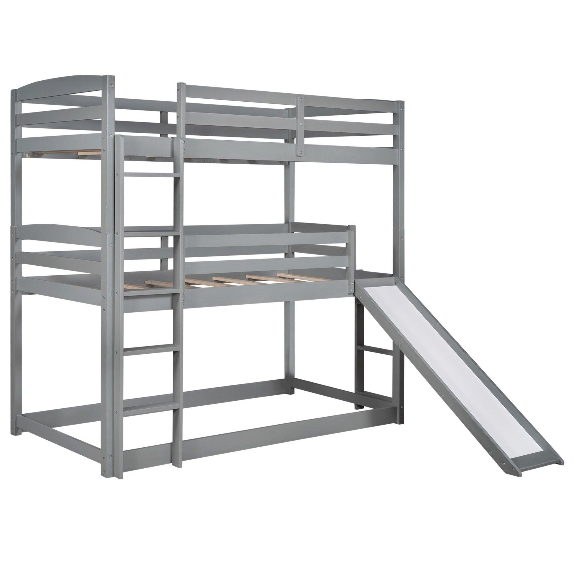 Gray Triple Bunk Twin Sized Bed with Slide - FurniFindUSA