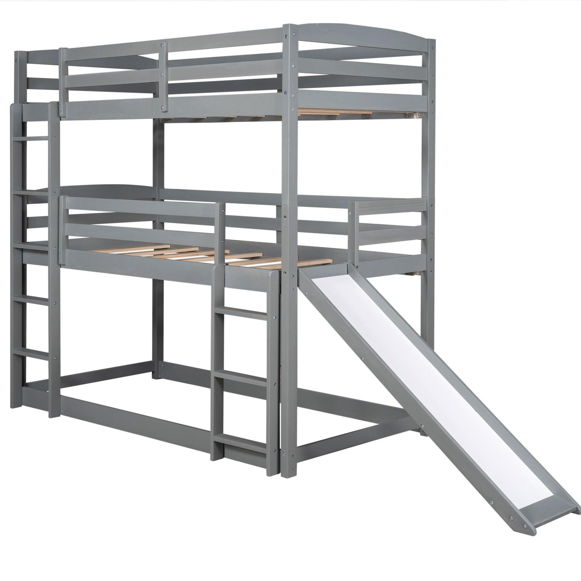 Gray Triple Bunk Twin Sized Bed with Slide - FurniFindUSA