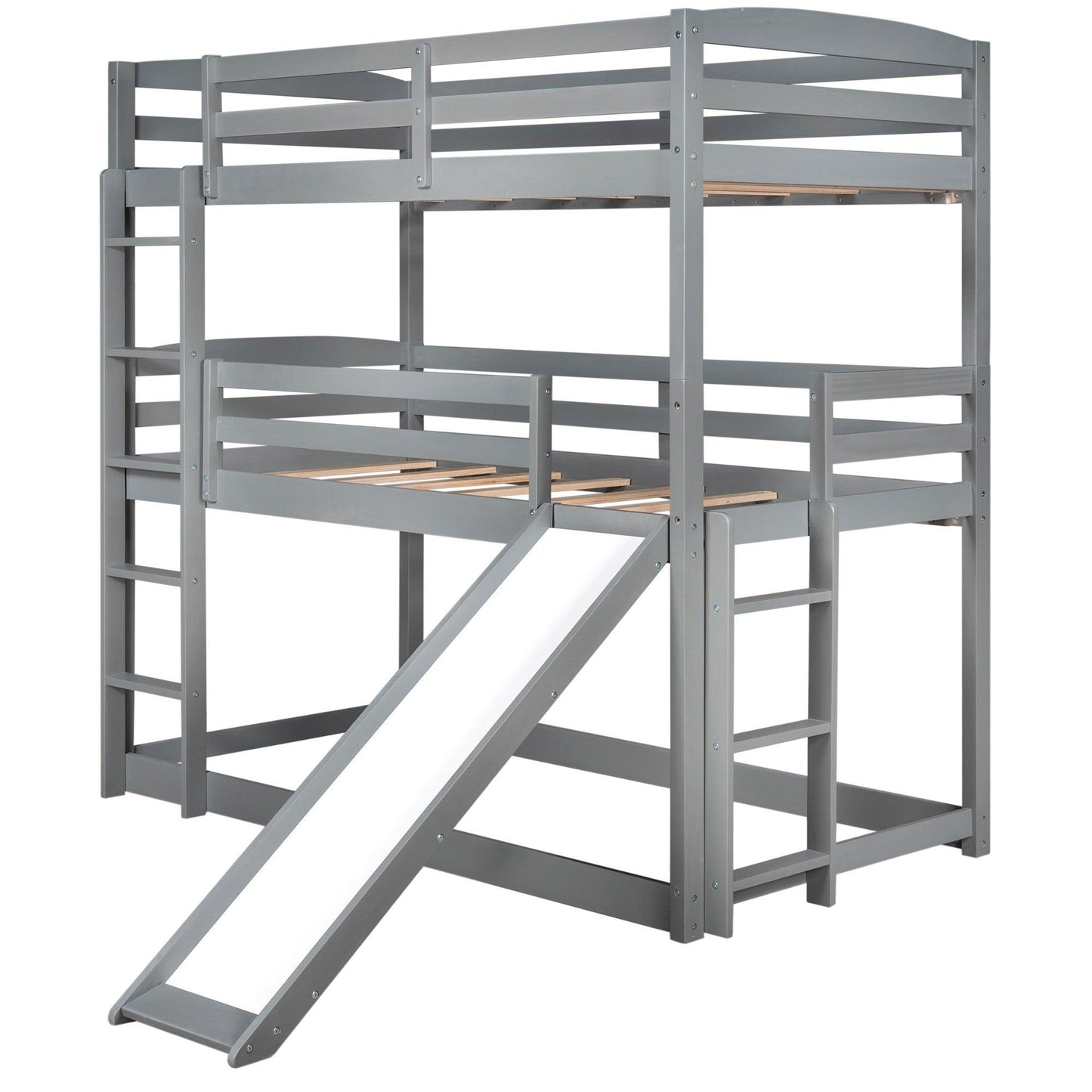 Gray Triple Bunk Twin Sized Bed with Slide - FurniFindUSA