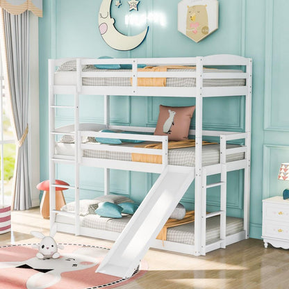 White Triple Bunk Twin Sized Bed with Slide - FurniFindUSA