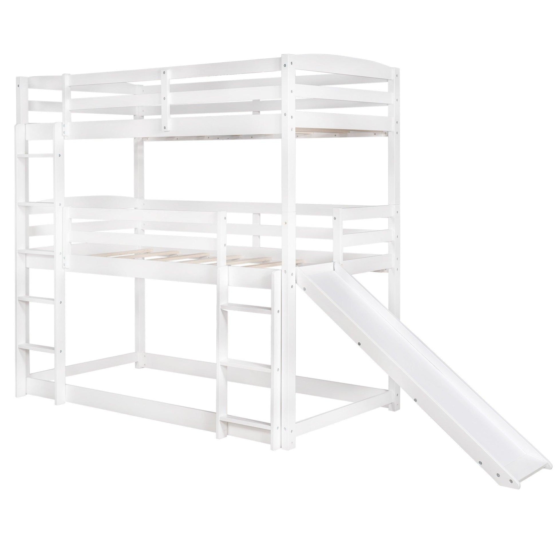 White Triple Bunk Twin Sized Bed with Slide - FurniFindUSA