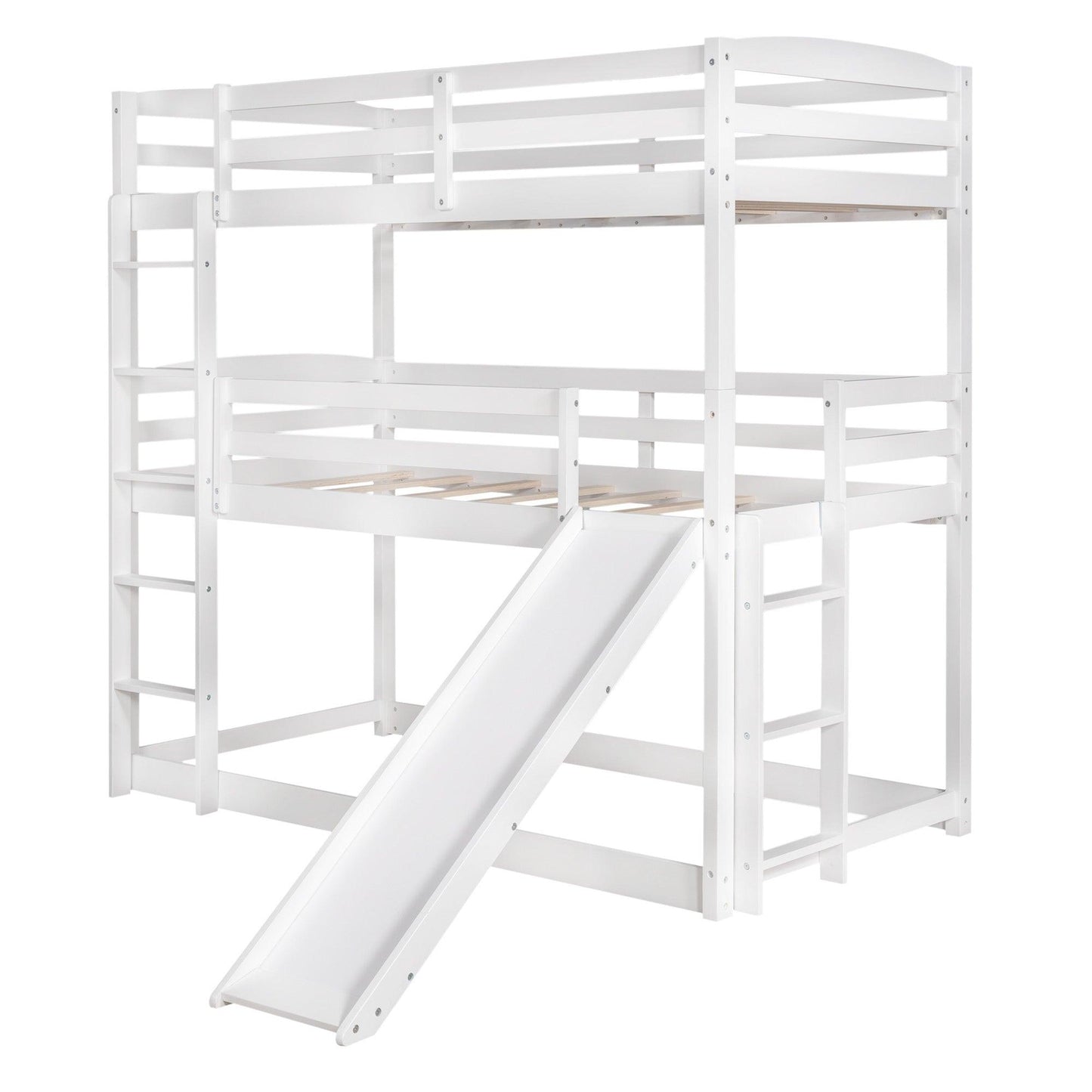 White Triple Bunk Twin Sized Bed with Slide - FurniFindUSA
