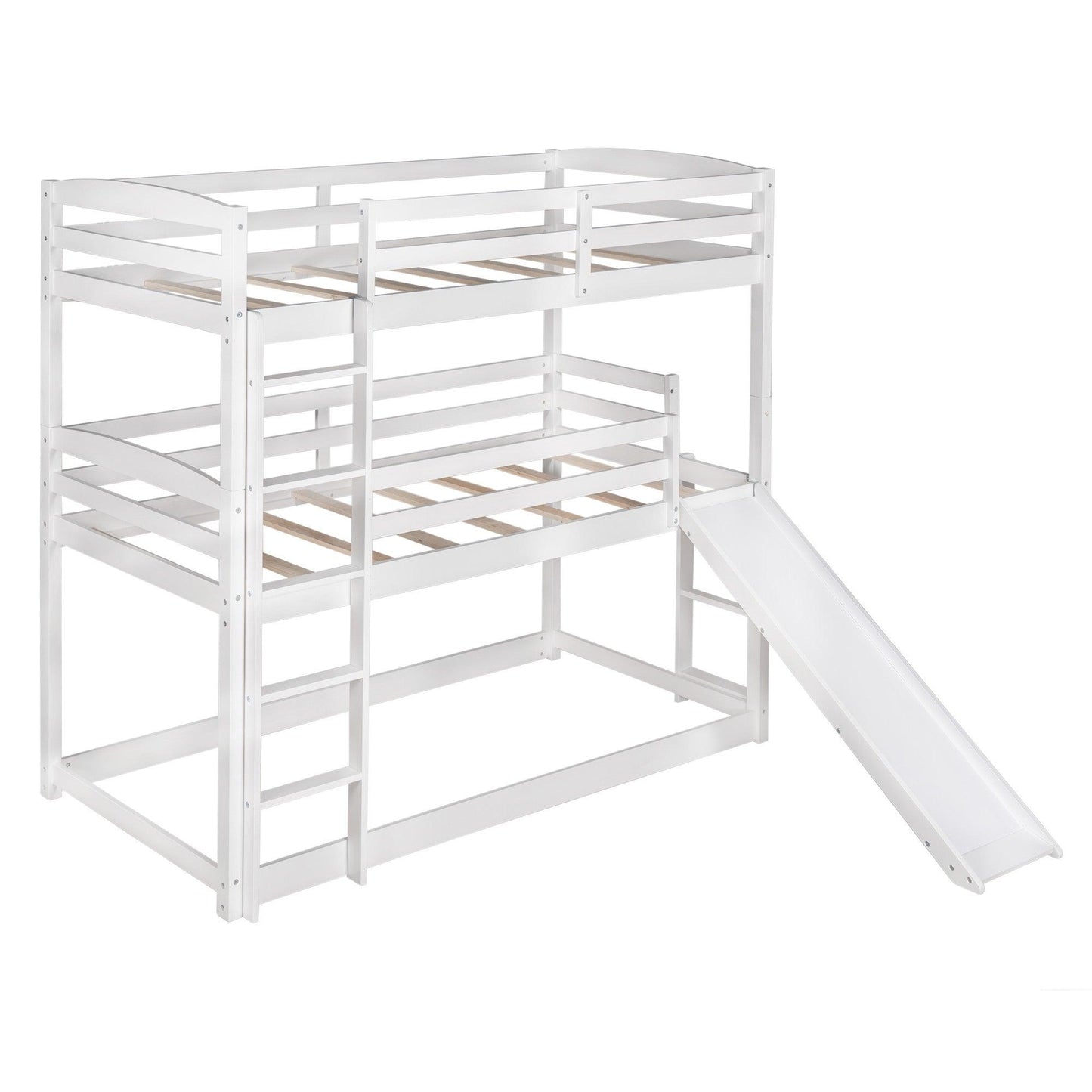 White Triple Bunk Twin Sized Bed with Slide - FurniFindUSA