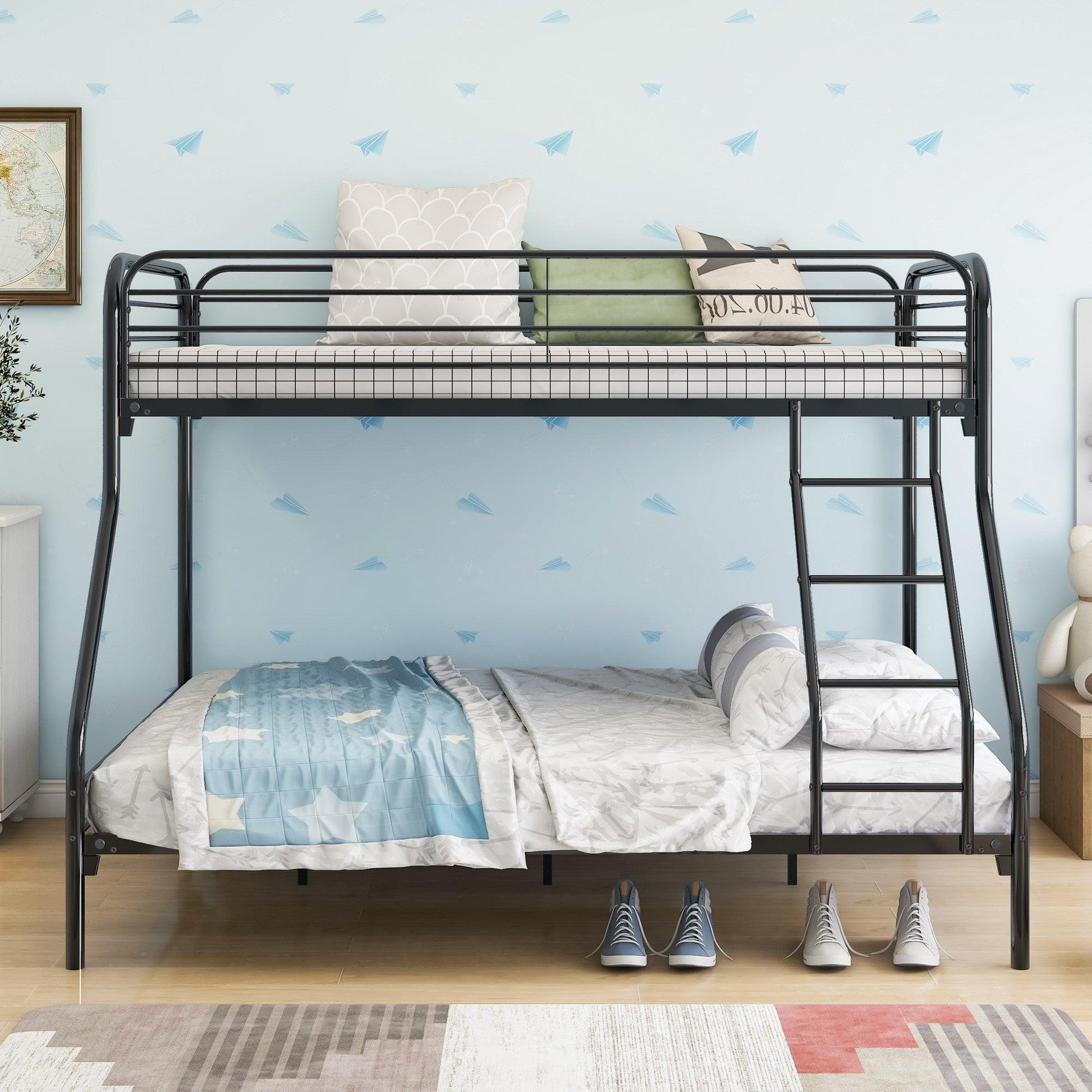 Black Heavy Duty Twin Over Full Metal Bunk Bed - FurniFindUSA