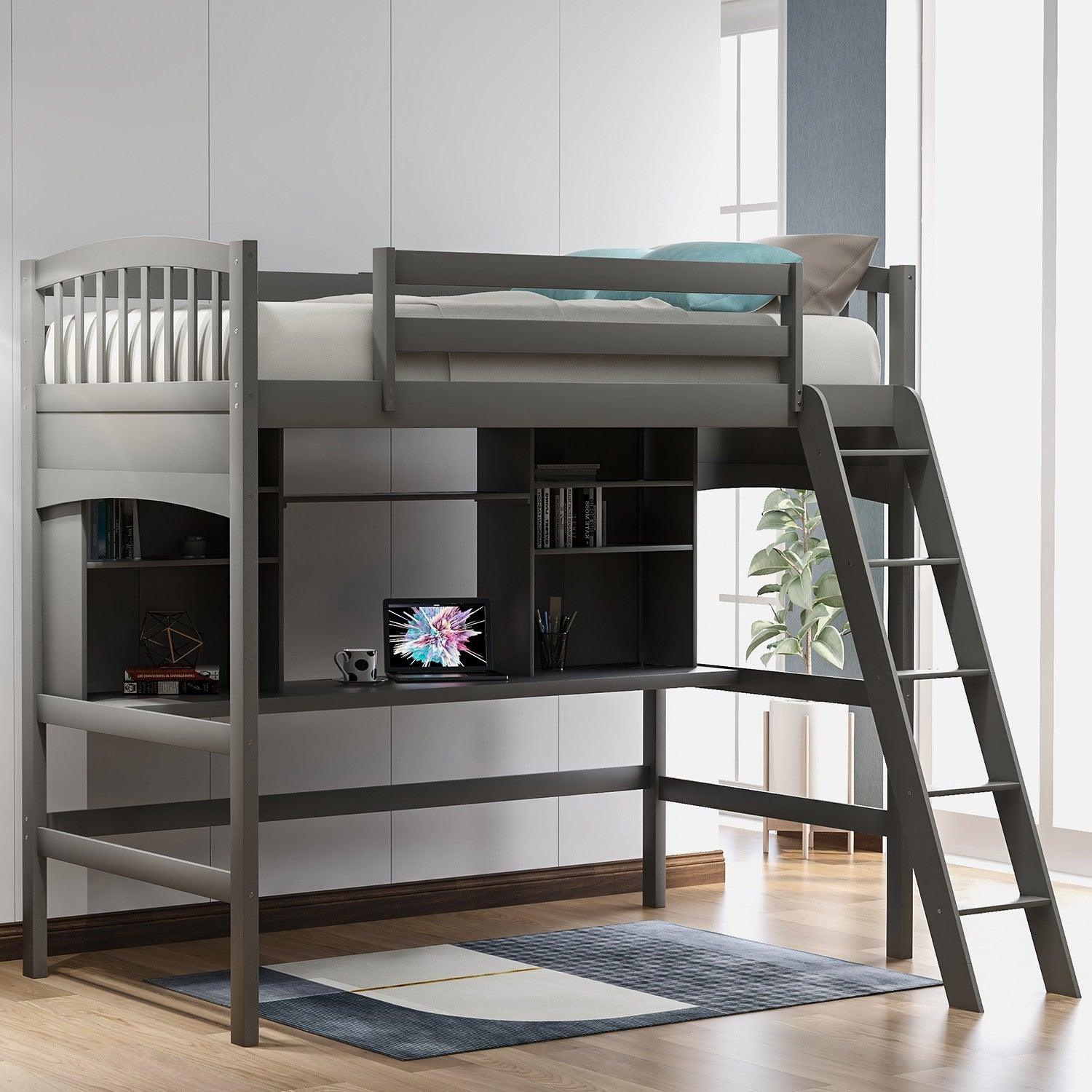 Gray Twin Size Loft Bed with Desk and Shelves - FurniFindUSA