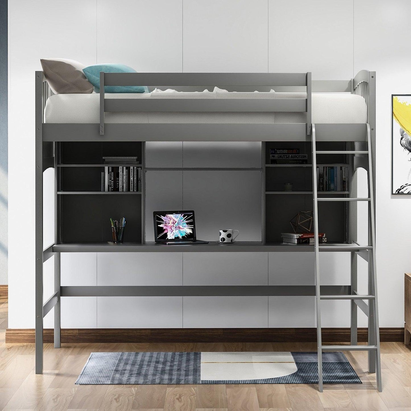 Gray Twin Size Loft Bed with Desk and Shelves - FurniFindUSA