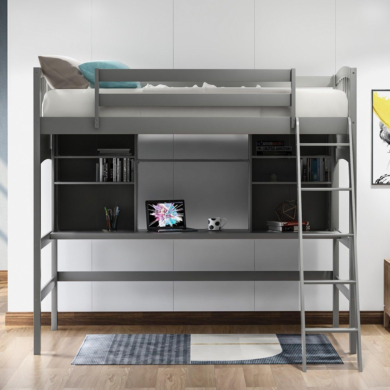Gray Twin Size Loft Bed with Desk and Shelves - FurniFindUSA
