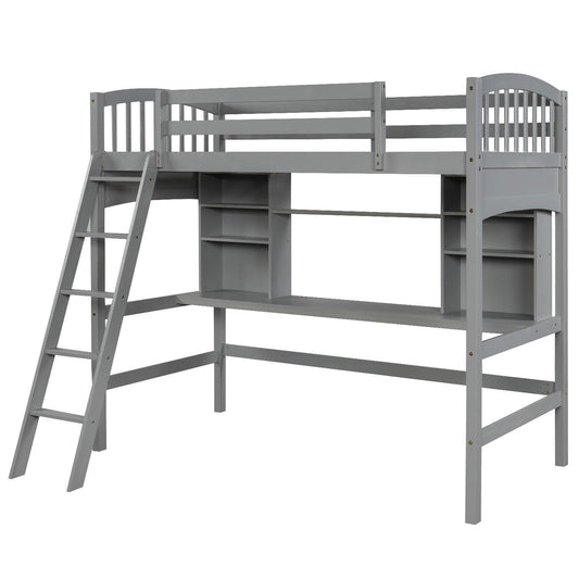 Gray Twin Size Loft Bed with Desk and Shelves - FurniFindUSA