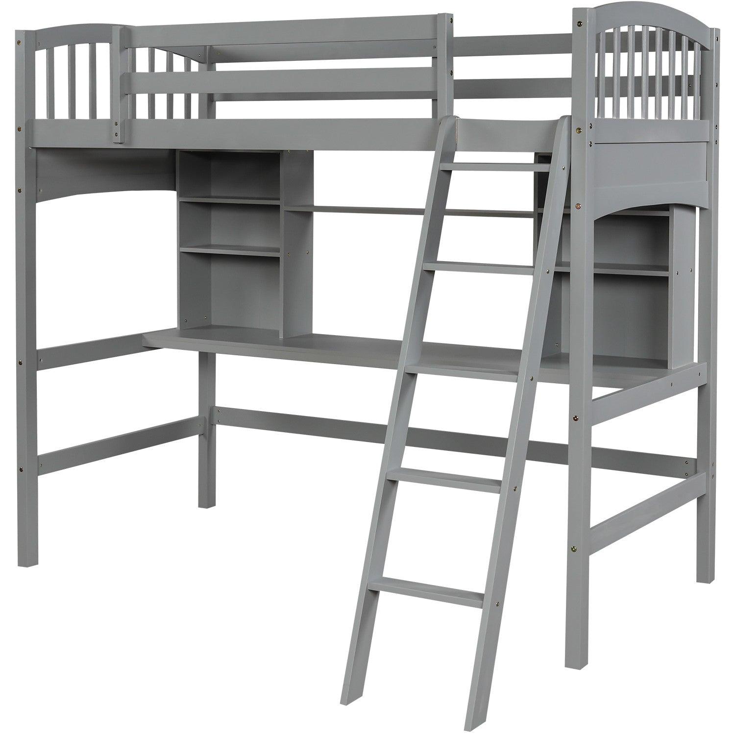 Gray Twin Size Loft Bed with Desk and Shelves - FurniFindUSA