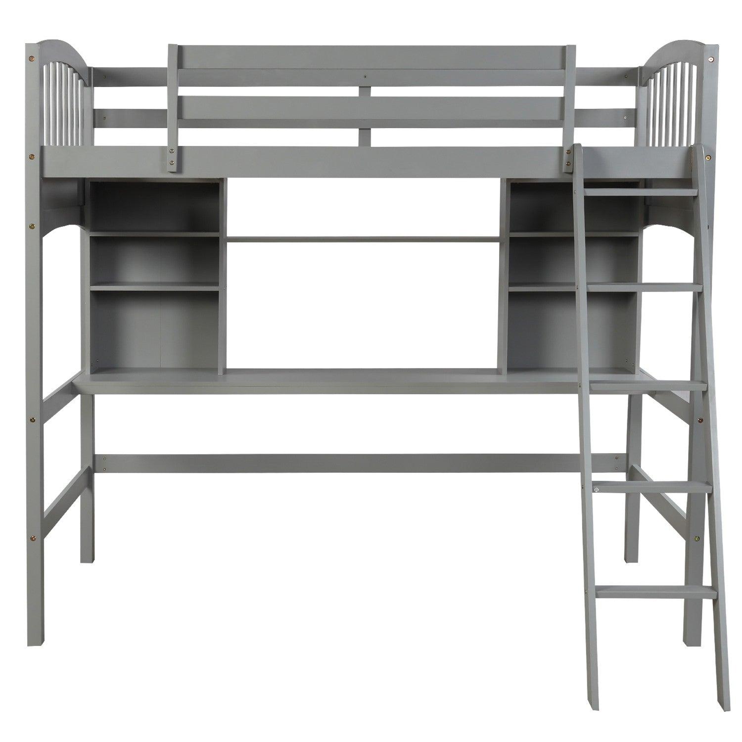 Gray Twin Size Loft Bed with Desk and Shelves - FurniFindUSA