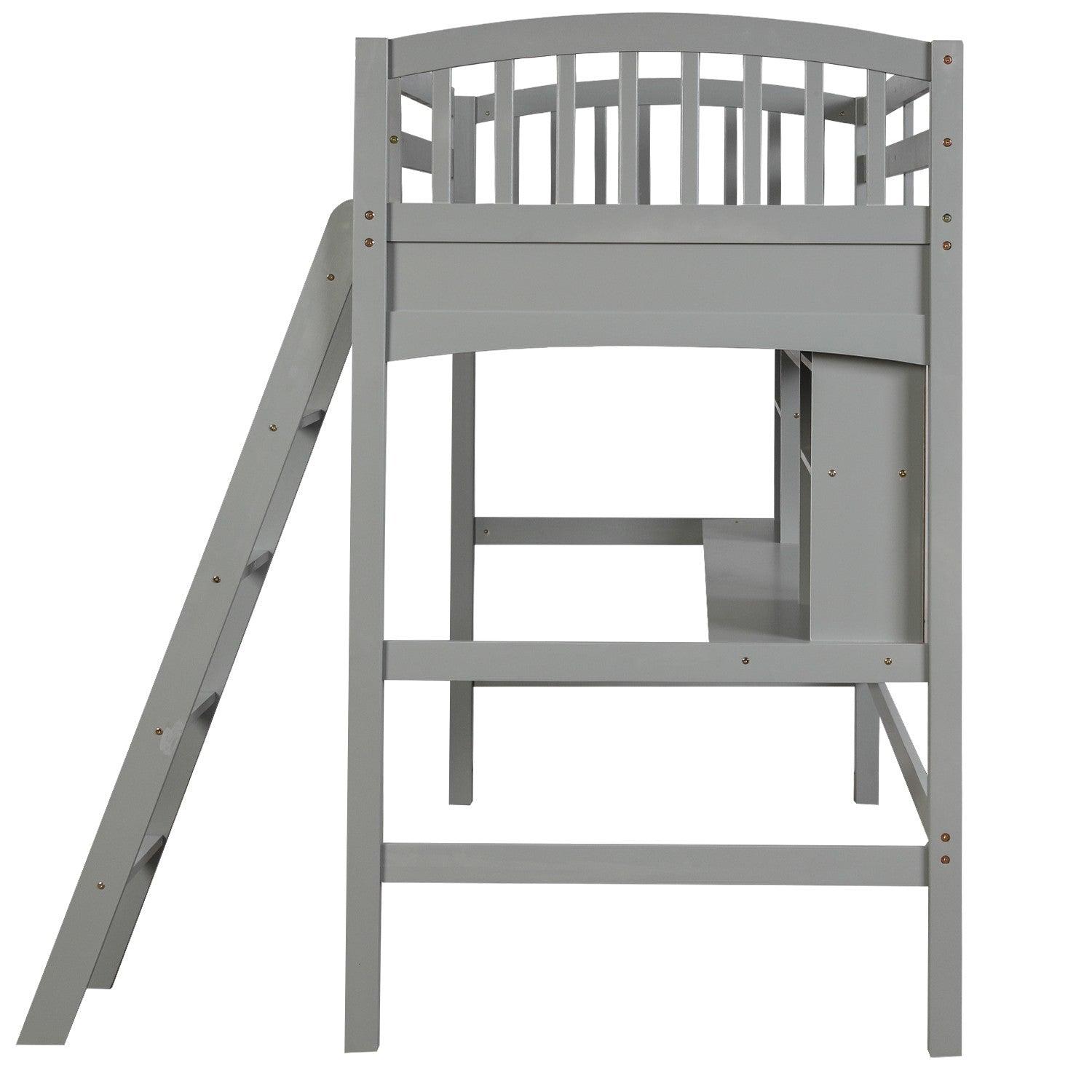 Gray Twin Size Loft Bed with Desk and Shelves - FurniFindUSA