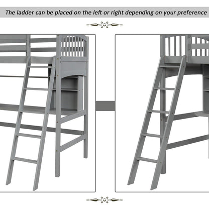 Gray Twin Size Loft Bed with Desk and Shelves - FurniFindUSA