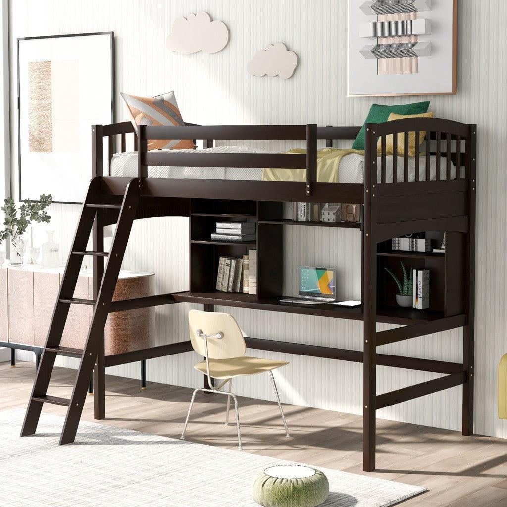 Brown Twin Size Loft Bed with Desk and Shelves - FurniFindUSA