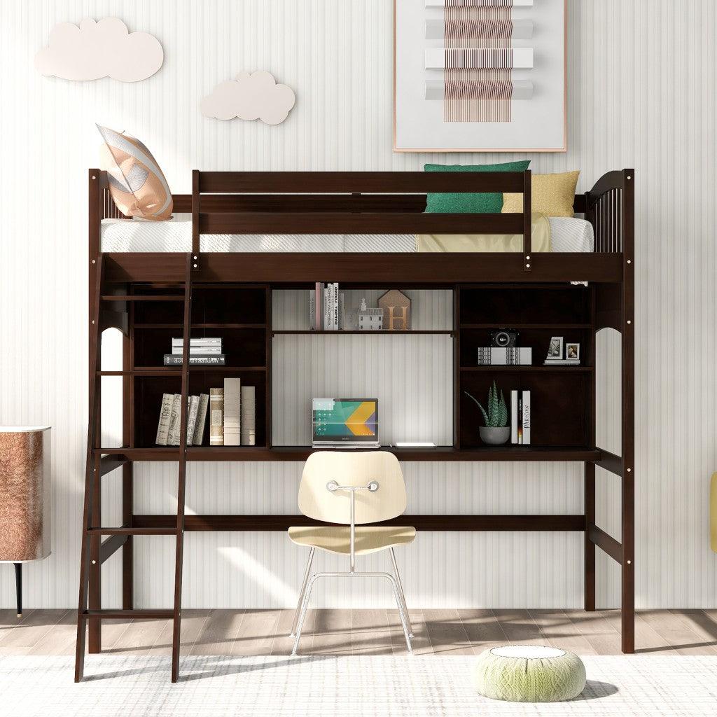 Brown Twin Size Loft Bed with Desk and Shelves - FurniFindUSA