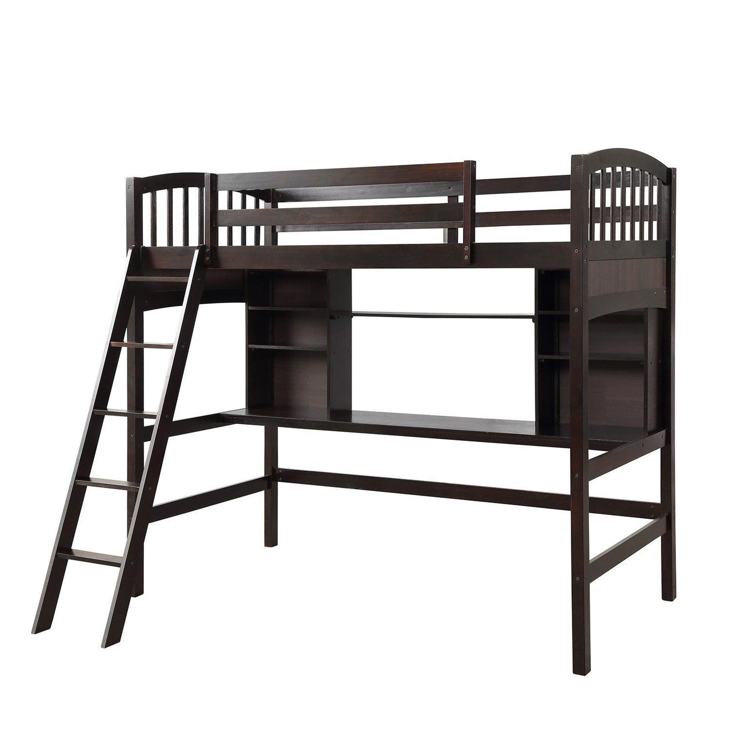 Brown Twin Size Loft Bed with Desk and Shelves - FurniFindUSA