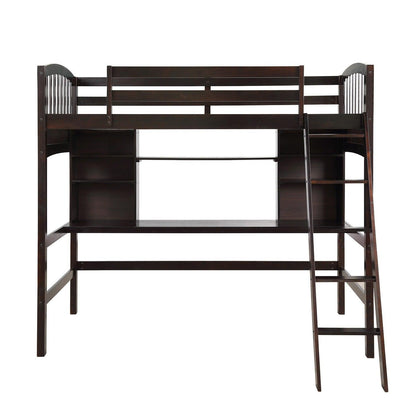 Brown Twin Size Loft Bed with Desk and Shelves - FurniFindUSA