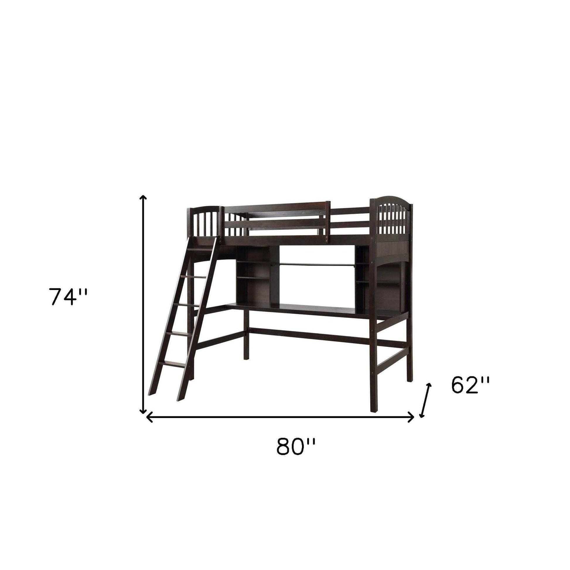 Brown Twin Size Loft Bed with Desk and Shelves - FurniFindUSA