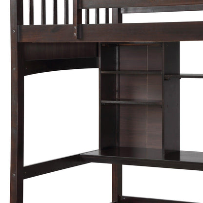 Brown Twin Size Loft Bed with Desk and Shelves - FurniFindUSA