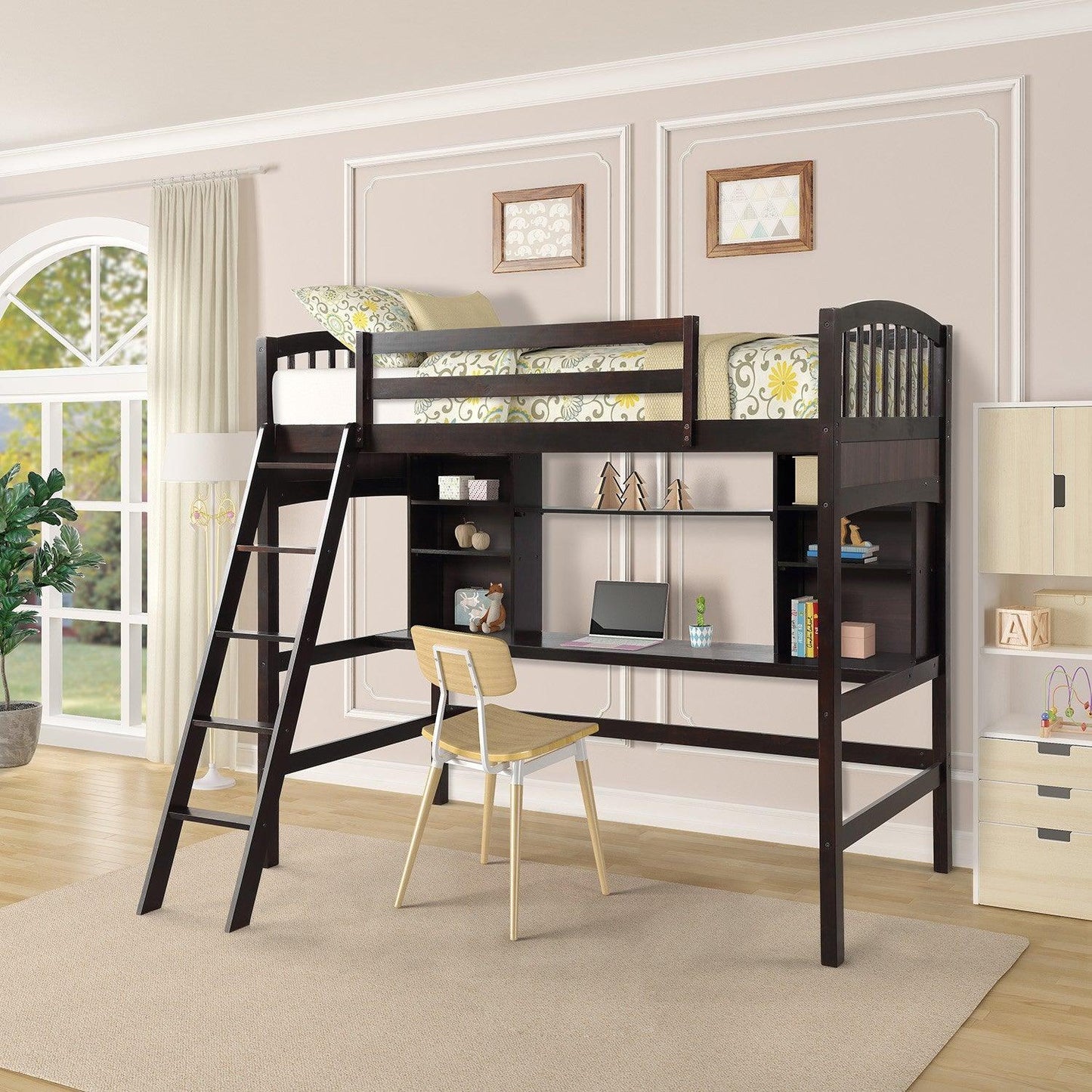 Brown Twin Size Loft Bed with Desk and Shelves - FurniFindUSA